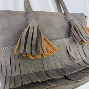Super cute, suede, grey tan handbag. Purse like new! Fall, back to school ready!